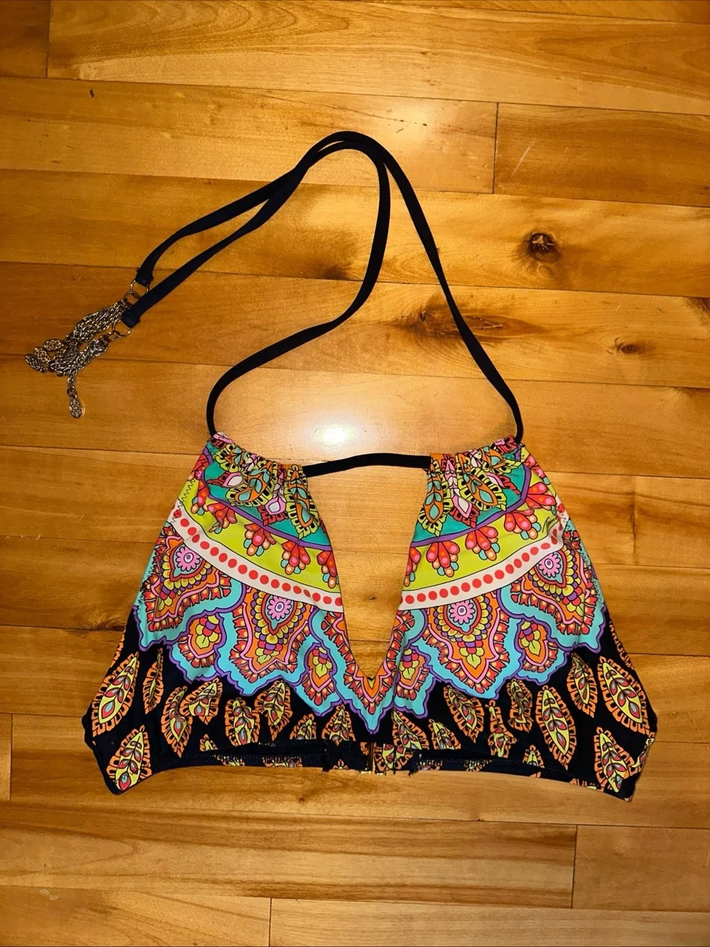 Trina Turk Bikini Top Halter Plunge Multicolor Paisley Boho Swim Womens